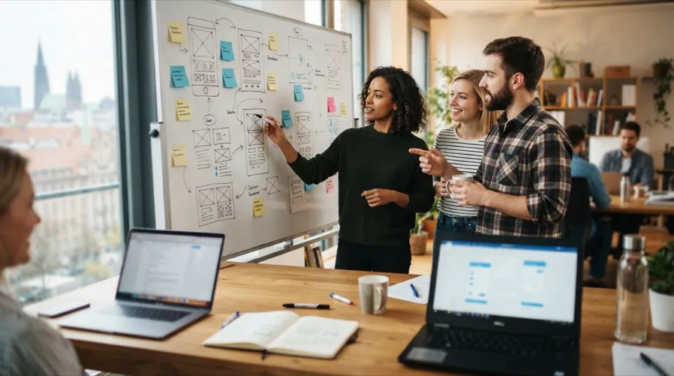 Kleines Softwareteam bespricht ein Projekt am Whiteboard mit Entwürfen und Haftnotizen